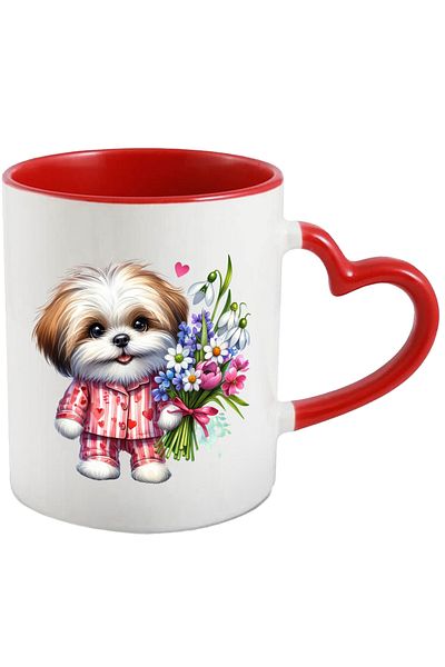 StoryGift Romania Mug with a puppy holding a bouquet of flowers | furry | cheerful | illustration | ca, Cu ,STG .