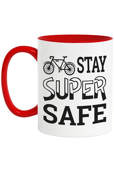StoryGift Romania Mug with a bicycle and message urging you to stay safe with Red Handle, With, STG.