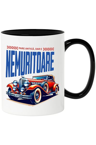 StoryGift Romania The mug looks antique but is immortal, vintage car, 330ml, Ceramic with Black Handle, With, STG.