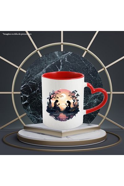 StoryGift Romania Mug with 2 women, illustration, trees, nature, water, sunset, flowers, landscape, dresses with, With, STG.
