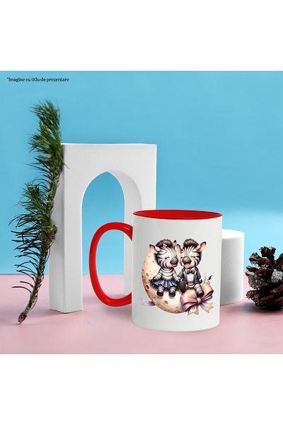 StoryGift Romania Mug with 2 zebras sitting on the crescent moon, illustration, bow, laughing, feeling good, pri, With,STG.