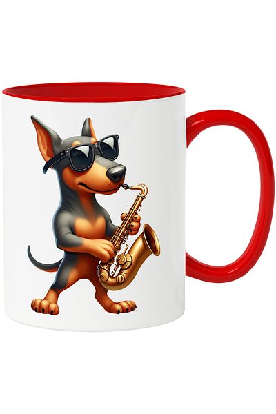StoryGift Romania Mug With A Dog With Glasses Playing The Saxophone | Illustration | Black And Brown, With ,stg