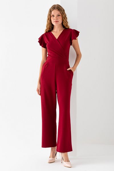 GİYSA Women's Double Breasted Collar Short Sleeve Belted Jumpsuit Claret Red - 6020