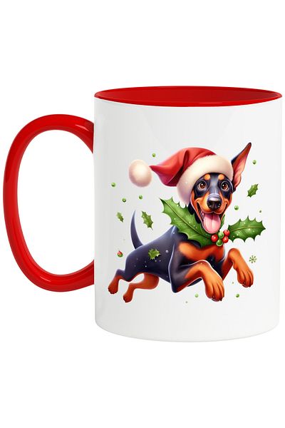 StoryGift Romania Cana Cu Doberman, Caine, Animal De Companie, Ilustratie, Vasc, Caciula De Craciu, Cu ,stg