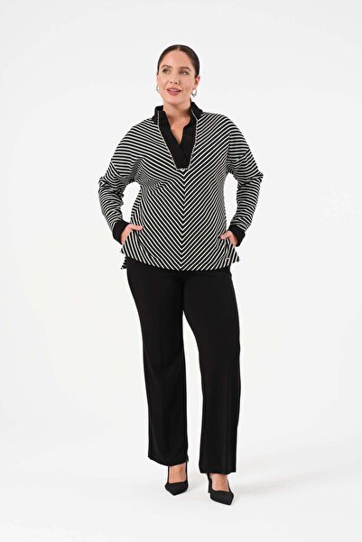 Gemko طقم بنطلون بياقة بلوزة مخططة ومطرزة - أسود