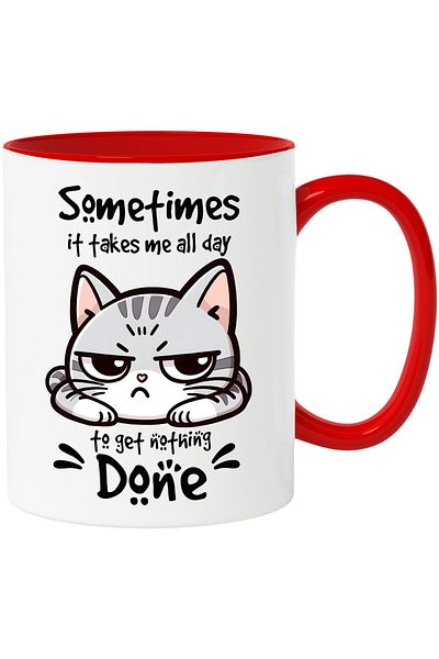 StoryGift Romania Cat mug with the message "Sometimes it takes me all day to get nothing done", f, Cu,STG.