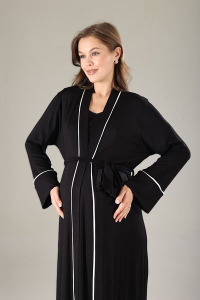 Pelin Women's Black Ecru Bias Maternity Nightgown Dressing Gown Set