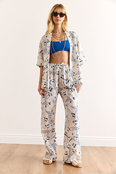 Olalook Women White Blue Top Kimono Bottom Pocket Palazzo Pants Suit Tkm-19000382