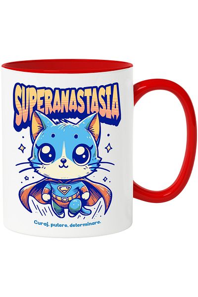 StoryGift Romania Super Anastasia Mug, Superhero, Flying Cat, 330ml, Ceramic with Red Handle, With Handle, STG.