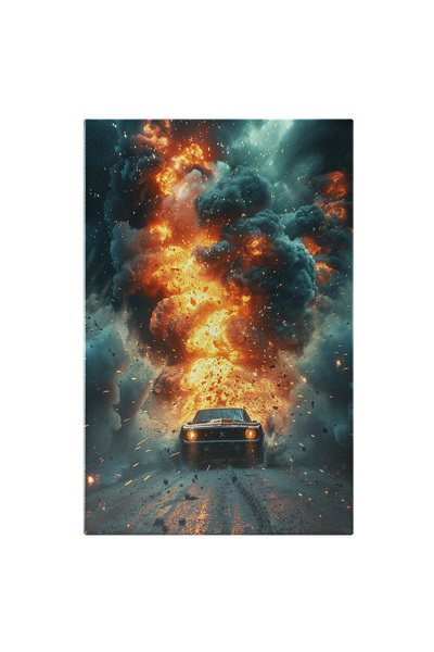 StoryGift Romania Tablou Canvas Masina Neagra De Epoca Explodeaza Intr-un Nor De Foc Cu Bucatele Mici Care Sar P