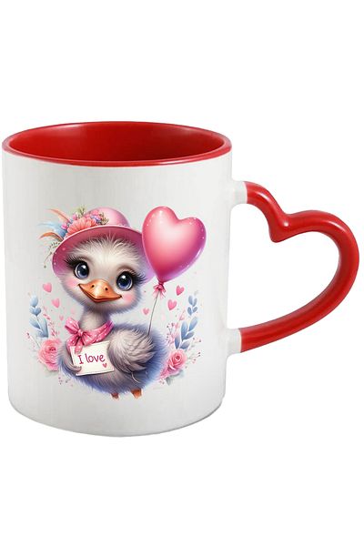 StoryGift Romania Mug with a cheerful bird holding a note that says "I love" | illustration, With ,STG.