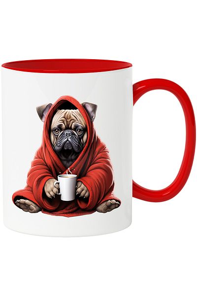 StoryGift Romania Mug with a Pug puppy wearing a red cap | illustration | holding a mug with the, With ,STG
