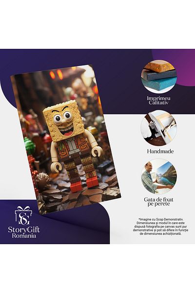 StoryGift Romania Tablou Canvas: Spongebob Pantaloni Patrati Minifigurina Lego Galbena Cu Ochii Mari Si Zambet L