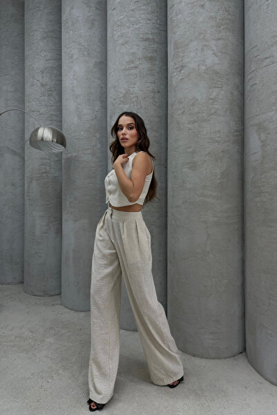 Bliss Women's Cream Linen Bottom Top Set – Wide Leg Pants & Vest