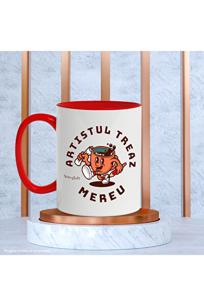 StoryGift Romania The Artist is Always Awake Mug, Painter Coffee Cup, 330ml, Ceramic with Red Handle, With M,STG.