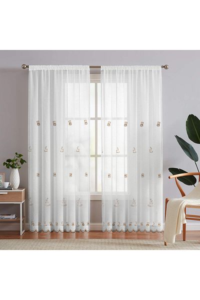 OEM Linen curtain with coffee cup embroidery and honeycomb pattern, Tajana, 300x250 cm, White