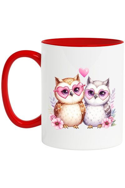 StoryGift Romania Mug with 2 owls with heart-shaped glasses, illustration, popcorn, rice, Cu,STG
