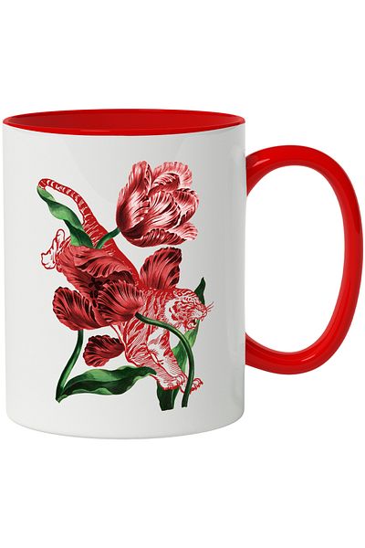 StoryGift Romania Mug With Flowers, Tulips, Tiger, Leaves, Asian, Animal, Multicolor 330 ml, Ceramics, With ,STG.