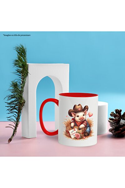 StoryGift Romania Mug with a cowboy pig, illustration, Wild West, curious, fan, flower, Va, Cu, STG.