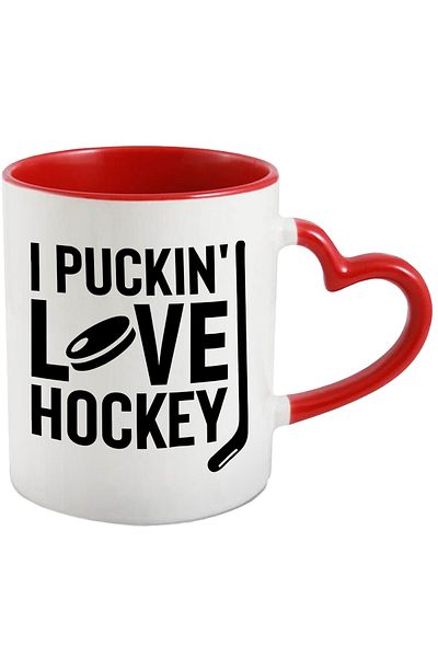 StoryGift Romania Mug for hockey lovers with the text "I puckin' love hockey" - stick with Man, Cu, STG.