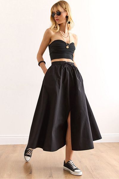 Olalook Women's Black Black Banded Front Slit Lace up Midi Bell Skirt Etk-19000321
