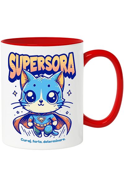 StoryGift Romania Super Sister Mug, Superhero, Flying Cat, 330ml, Ceramic with Red Handle, With Ro Handle, STG.