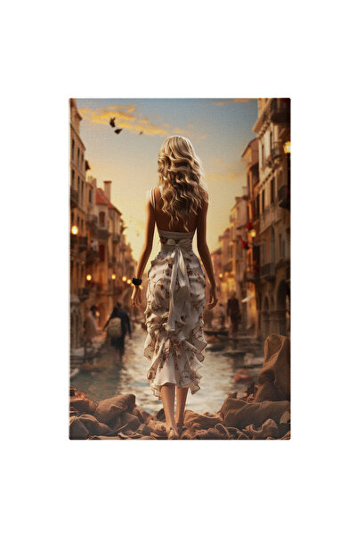 StoryGift Romania Tablou Canvas: Doamna In Rochie Alba Cu Ceas Negru Pasind P...