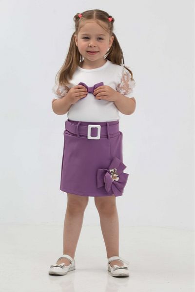 junior baby kids Girl's Tulle Short Sleeve Bow Detailed Belted Shorts Skirt Set