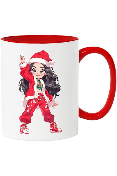 StoryGift Romania Mug with a modernly dressed Christmas girl | illustration | long hair | smile | fe, Cu,STG.