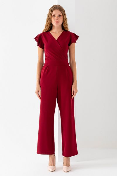GİYSA Women's Double Breasted Collar Short Sleeve Belted Jumpsuit Claret Red - 6020