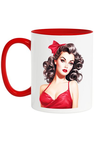 StoryGift Romania Mug with a beautiful woman in a red dress, illustration, retro, old, fashion style, With ,STG.