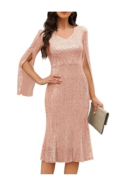 MODAS V YAKA PULPAYET MİDİ ELBİSE