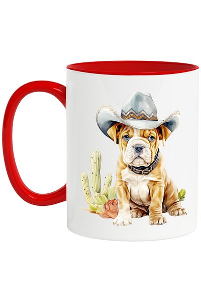 StoryGift Romania Mug with a puppy wearing a cowboy hat, illustration, Wild West, cactus, scratch, With ,STG.