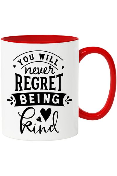 StoryGift Romania Mug with hearts and the text "You will never regret being good" with Red Handle, With ,STG