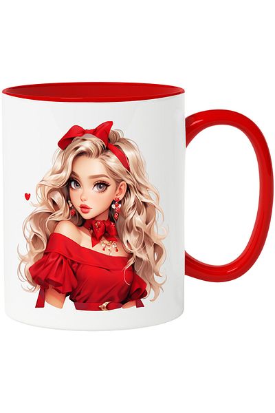 StoryGift Romania Mug with a beautiful face | blonde | red blouse | | bow | serious | 33, Cu ,STG
