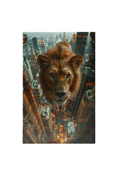 StoryGift Romania Tablou Canvas Chipul Leului Speriat Cu Ochii Stralucitori Care Sta Deasupra Orasului Luminat C
