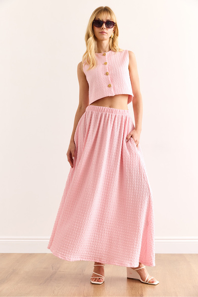 Olalook Women's Pink Top Lined Vest Bottom Pocket Midi Skirt Suit Tkm-19000387