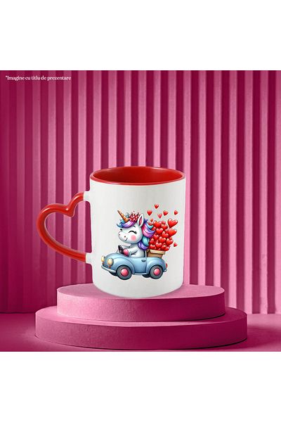 StoryGift Romania Mug with a unicorn driving a car, illustration, box with many hearts, With ,STG
