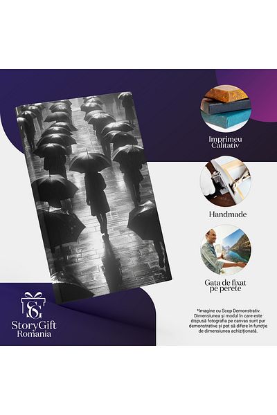 StoryGift Romania Tablou Canvas: Colectiv de Oameni cu Umbrele pe Stradă Pavată- Artă Vizuală Alb-Negru Pictura