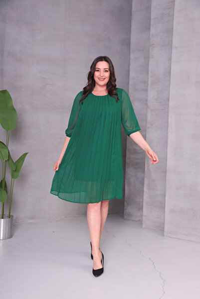 Shahiqa Büyük Beden Önü Piliseli Şifon Elbise