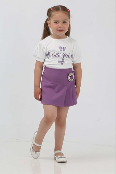 junior baby kids Girl's Short Sleeve Stoned Belt Detailed Ruffled Skirt Set