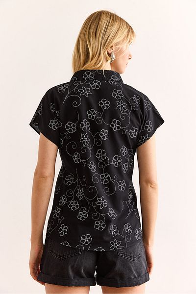 Olalook Women's Ivy Black Patterned Linen Bat Shirt Gml-19001129