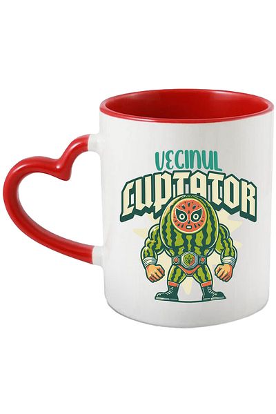 StoryGift Romania Funny Watermelon Mug with illustration of the Neighbor-fighter, 330ml, Ceramic with Heart Handle Ro, Cu, STG.