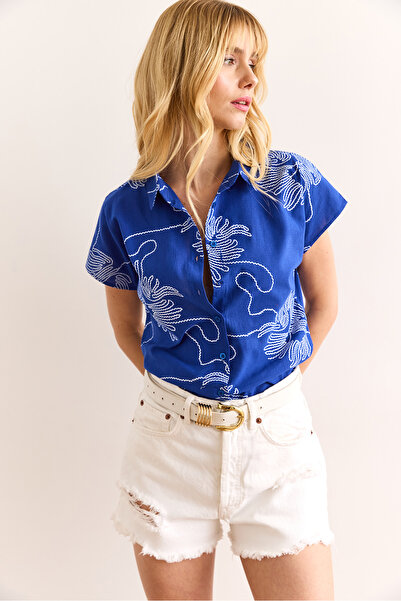 Olalook Women's Chain Saks Blue Patterned Linen Bat Shirt Gml-19001129