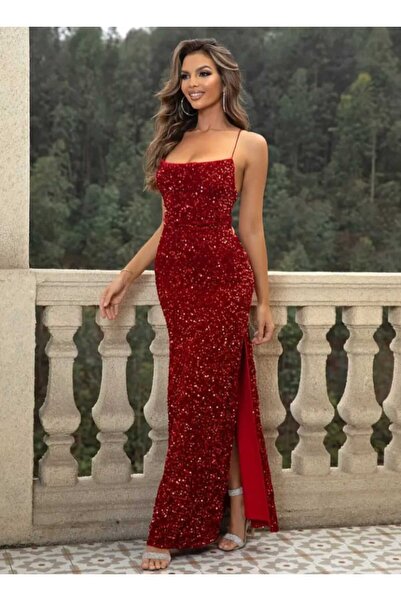 MODAS Boyundan Bağlamalı YİRTMAÇLİ KADİFE PAYET ABİYE ELBİSE