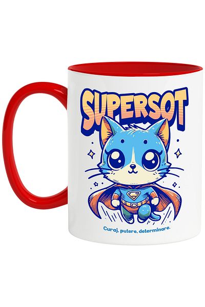 StoryGift Romania Super Husband Mug, Superhero, Flying Cat, 330ml, Ceramic with Red Handle, With Red Handle, STG.