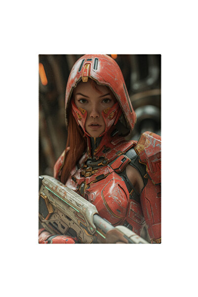 StoryGift Romania Tablou Canvas: Războinica Roșcată În Costum De Robot Roșu Și Pușca Automată Viitorul Feminin Pi