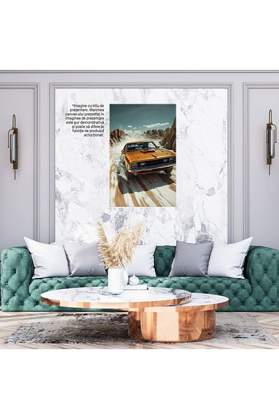 StoryGift Romania Tablou Canvas Retro Car, Masina Galben-mustar Merge Pe Un Drum De Munte Cu Cerul Innorat, Pass