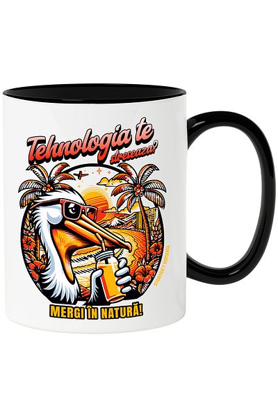 StoryGift Romania Mug Technology Stresses You Out_ Go to Nature Pelican, 330ml, Ceramic with Handle, With, STG.