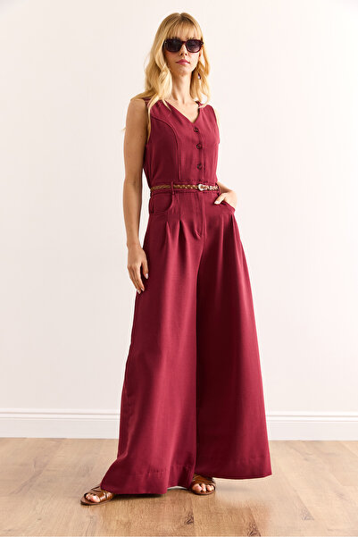 Olalook Women's Burgundy Buttoned Pocket Belted Wide Leg Jumpsuit Tlm-19000157